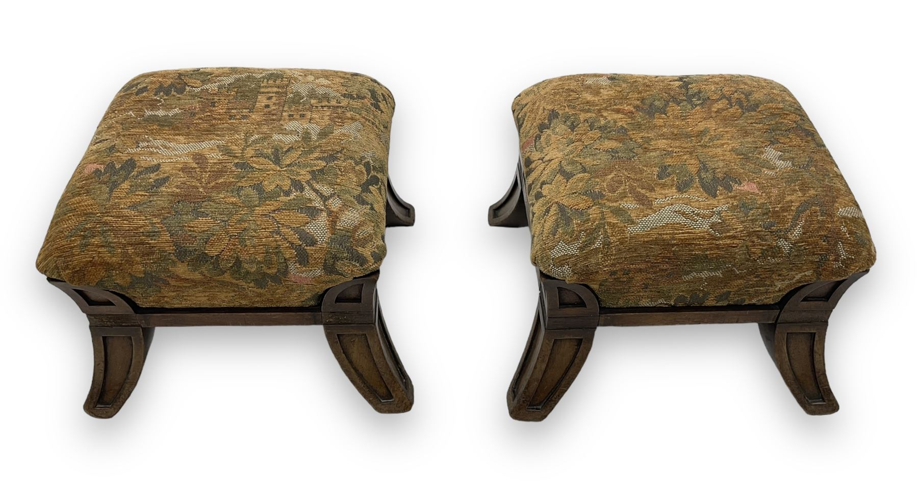 Pair of early 20th century miniature footstools, square seat covered in gold and orange floral patterned tapestry fabric, on carved wooden frame with splayed supports 