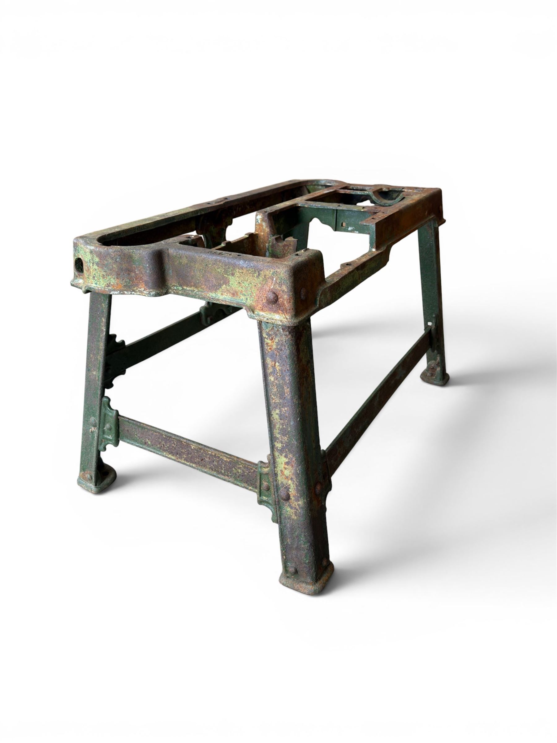 19th century heavy cast iron garden / machine table base, by Henry Bamford & Sons, with plaque, no. 3374, part of the JCB family