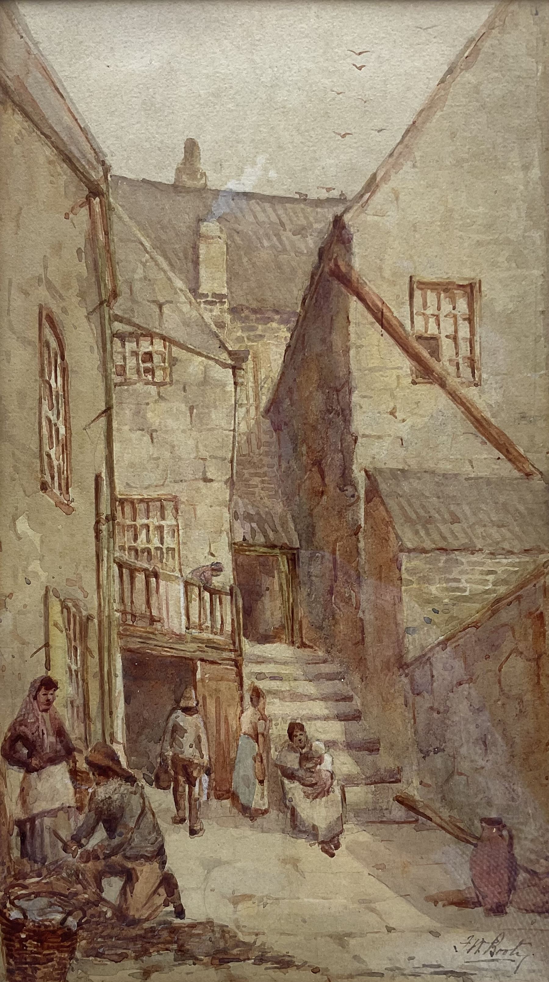 Frederick William Booty (British 1840-1924): Arguments Yard - Whitby, watercolour signed, original Henry Whitley title label verso 31cm x 18cm