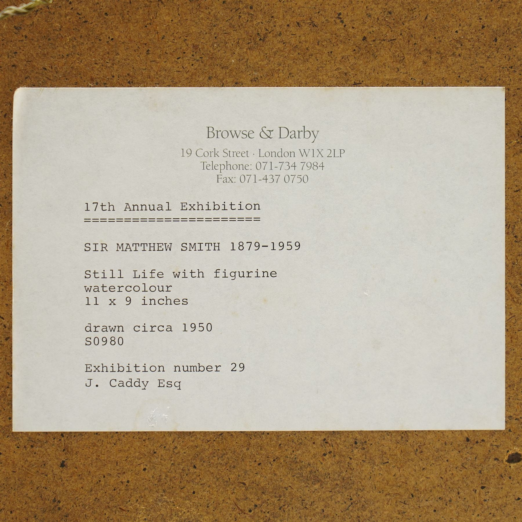 Sir Matthew Smith (British 1879-1959): 'Still Life with Figurine', watercolour unsigned, titled and dated c.1950 on gallery label verso 28cm x 23cm
Provenance: exh. Browse & Darby, Cork Street, London