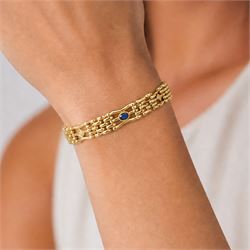 Early 20th century 15ct diamond and sapphire gate link bracelet, set with two oval cut sapphires and two old cut diamonds, stamped 15