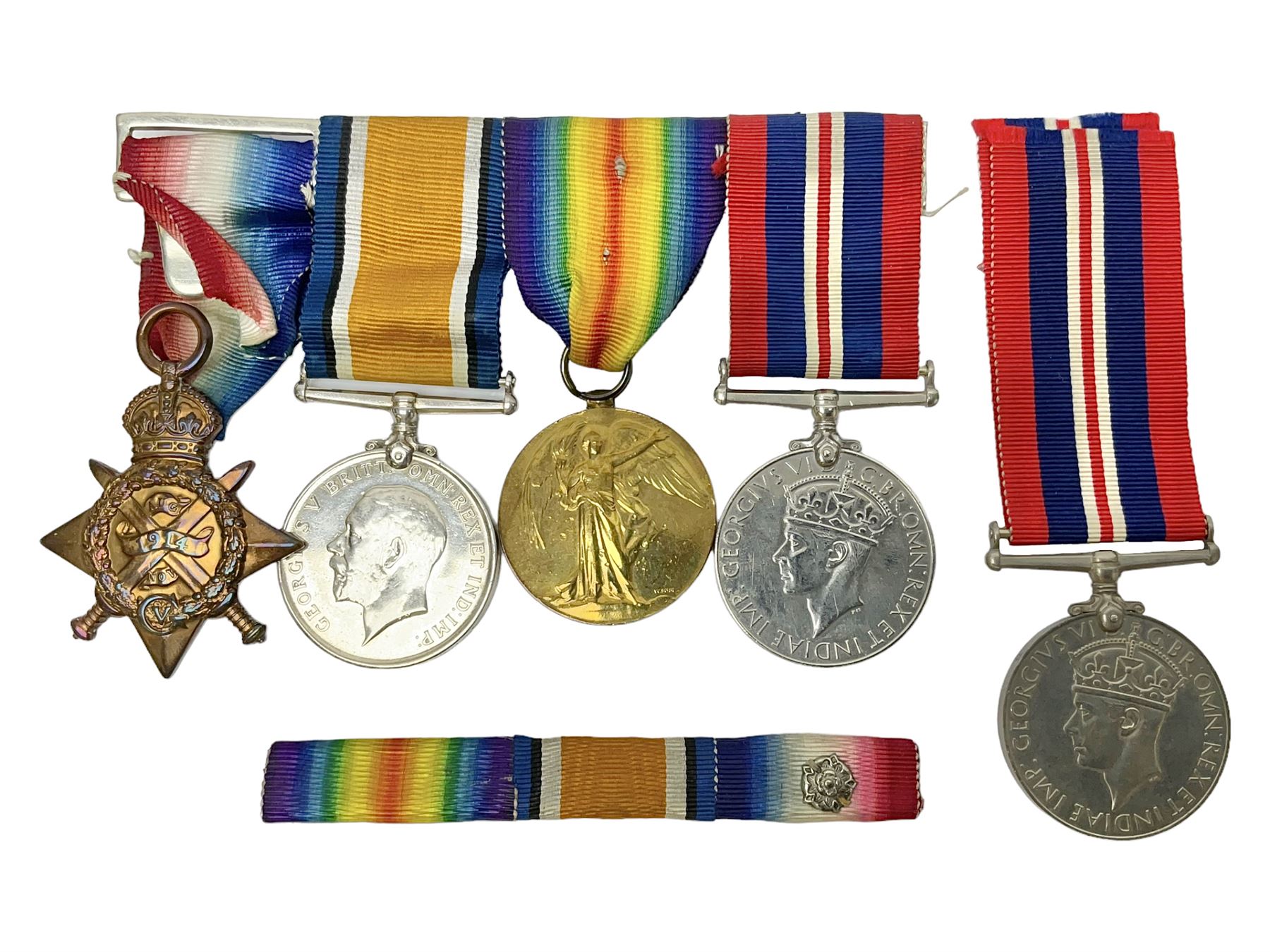 WW1 group of three medals comprising British War Medal, Victory Medal and 1914 Star awarded to 8328 Pte. G. Shaw Yorks: L.I.; on hanging bar with WW2 1939-1945 War Medal and WW1 ribbon bar with rosette to 1914 Star ; all with ribbons; and WW2 1939-1945 War Medal with ribbon