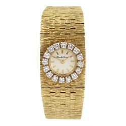 Bueche-Girod 9ct gold ladies manual wind bracelet wristwatch, with round brilliant cut diamond set bezel, London 1966, boxed