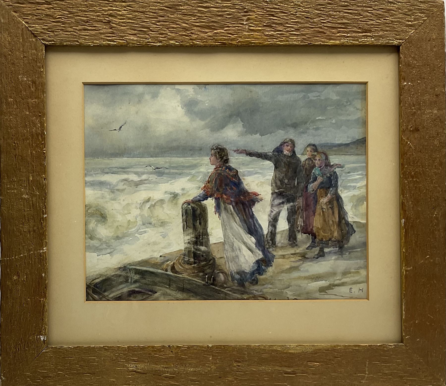 Ethel Hall (British exh.1894-1940): Figures on a Jetty, watercolour signed with initials 24cm x 31cm