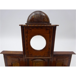  George III inlaid mahogany pocket watch stand of architectural form, three glazed apertures painted with figural portraits, fitted with single frieze drawer, L29cm, H28cm, D10.5cm  