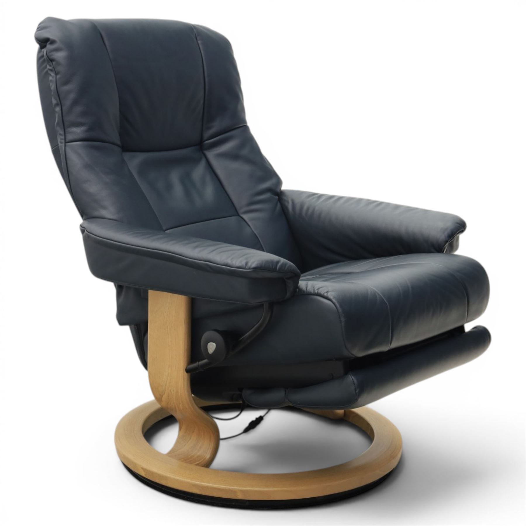 Ekornes - Stressless 'Mayfair, Classic Power' motorised swivel recliner armchair, size medium, upholstered in blue leather, raised on an oak finish frame
