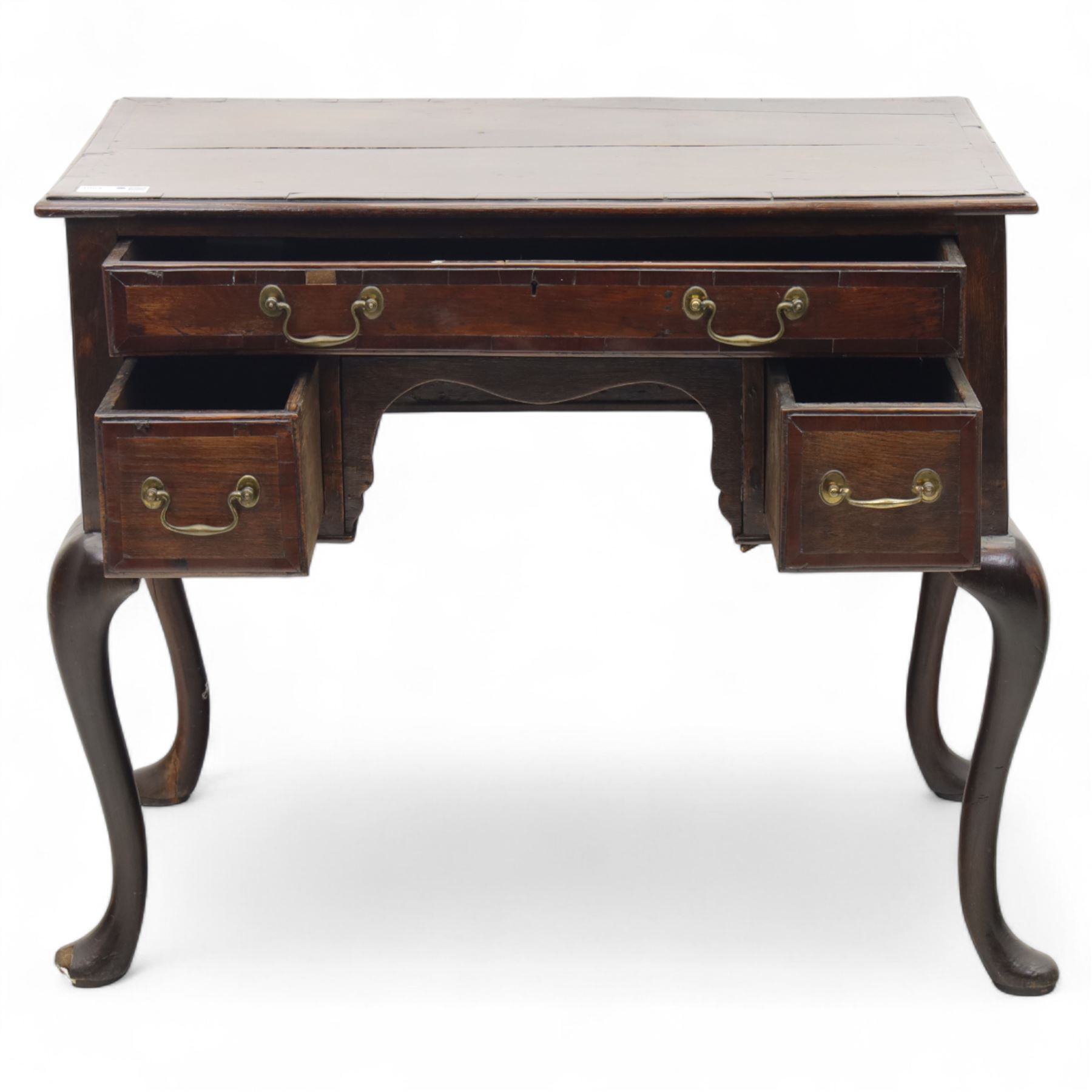 18th century oak and mahogany banded lowboy, rectangular moulded top with crossbanded edge, fitted with one long and two short drawers with brass swan neck handles, shaped kneehole apron, raised on cabriole supports with pad feet
