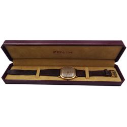 Zenith 9ct gold manual wind gentleman's wristwatch, back case No. 34864 2174/1, London 1976, on original brown leather strap, boxed