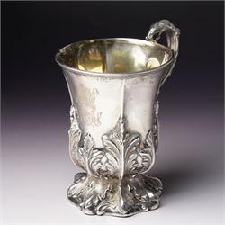 Victorian silver cup with acanthus leaf decoration and scroll handle, H12cm with retailers...