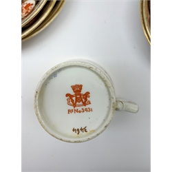 Wileman & Co (Foley) teawares, in the 'Japan' Imari pattern, no 3464, comprising six coffee cans and twelve saucers, eleven side plates, one moustache cup and one saucer, two cake plates, milk jug, and slop bowl. 
