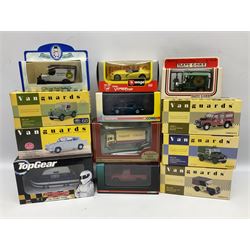 Eight Vanguards die-cast models by Corgi, Hornby and Lledo including Land Rovers, Ford Anglia and Triumph; together with thirteen other modern die-cast models by Bburago, Oxford, Atlas, EFE, Solido etc; all boxed; and small quantity of unboxed and playworn models
