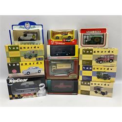 Eight Vanguards die-cast models by Corgi, Hornby and Lledo including Land Rovers, Ford Anglia and Triumph; together with thirteen other modern die-cast models by Bburago, Oxford, Atlas, EFE, Solido etc; all boxed; and small quantity of unboxed and playworn models
