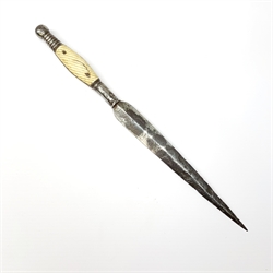 Late 18th/early 19th century Italian stiletto knife, 18cm engraved blade, polished steel hilt with spiral fluted ivory grips overall 30cm