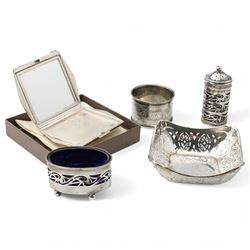 Engine turned silver powder compact Birm