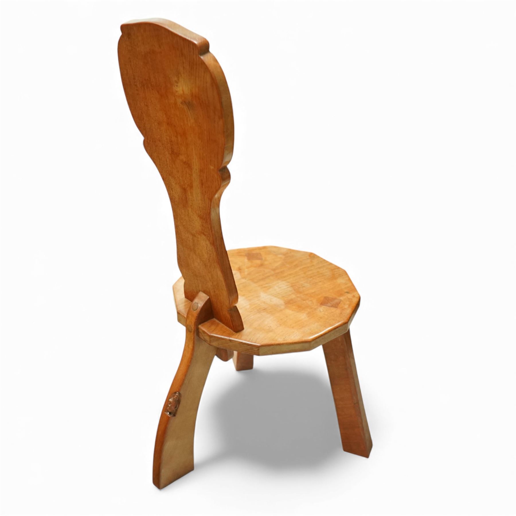 Gnomeman - oak spinning chair, shaped adzed back with carving of a Yorkshire rose, adzed seat with wedged through tenons, on square chamfered supports, signature carved Gnome by Thomas Whittaker of Littlebeck