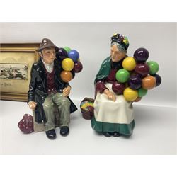 Four Royal Doulton figures, to include The Broken Lance HN 2041, The Old Balloon Seller HN 1315, The Balloon Man HN 11954 and Little Boy Blue HN 2043, together with a Coalport Ladies of Fashion figure Regina and three framed hunting silk needle works