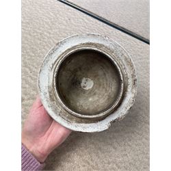 17th century Transitional period Chinese Wucai vase and cover, of baluster form, the body painted with ladies upon a terrace, and figures upon horseback and attendants within a fenced garden, the domed cover with knop finial painted with boys at play, H37cm
