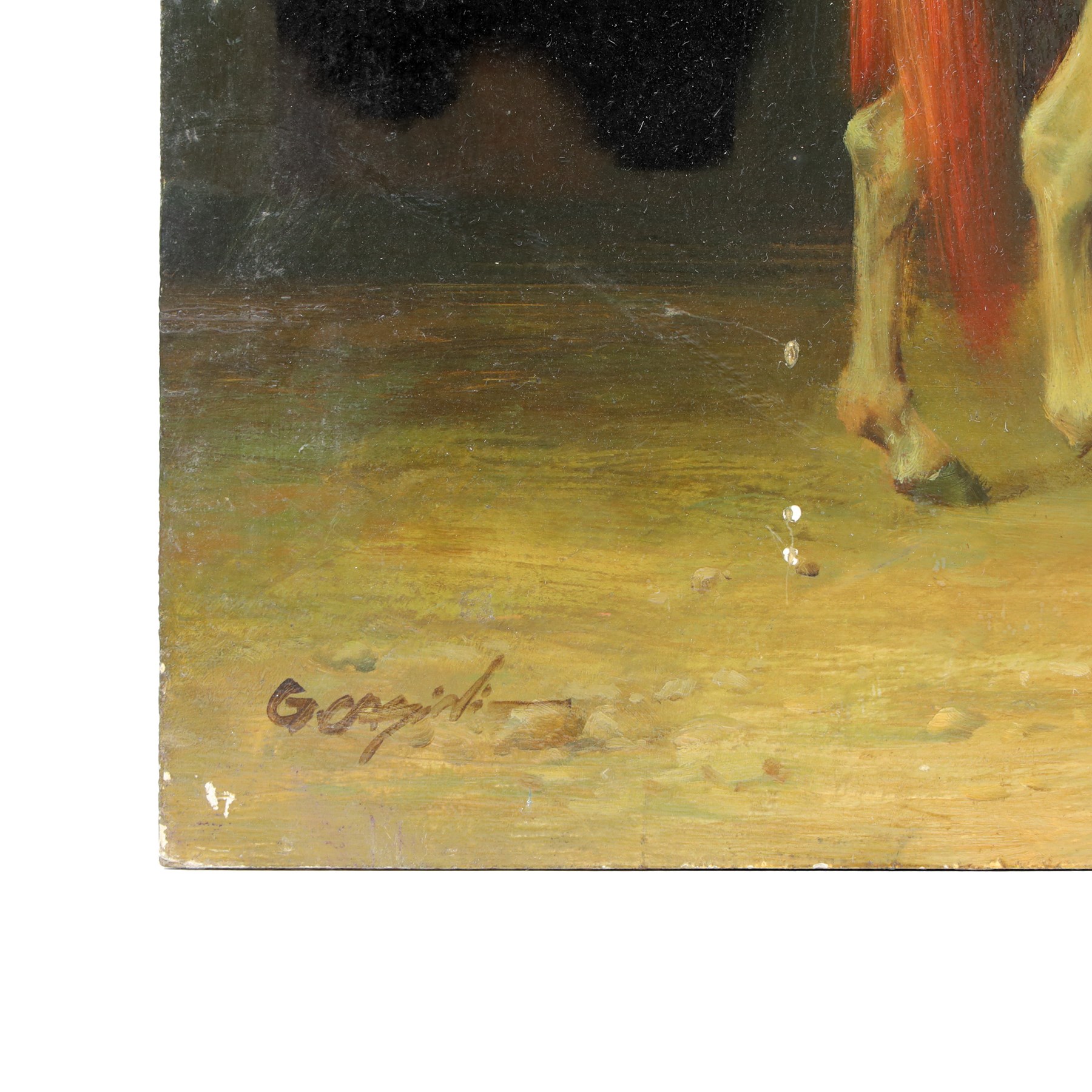 After Jean-Léon Gérôme (French 1824-1904): The Saddle Bazaar - Cairo, oil on panel indistinctly signed 30.5cm x 40.5cm; F Piranesi after Oriental School (19th century): Arabian Warrior on Horseback, oil on panel signed 40.5cm x 30.5cm (2) (unframed)