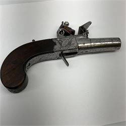 Late 18th century flintlock pocket pistol signed H. Nock London with 4cm turn-off barrel and drop down trigger, engraved lock plates, thumb safety and walnut bag stock L16cm overall
