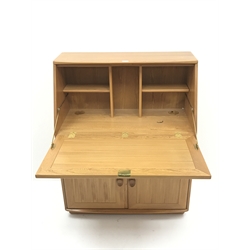 ercol light elm bureau, sloped fall front above drawer and double cupboard, W92cm, H115cm, D45cm