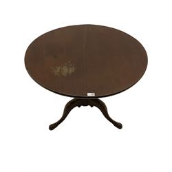 George III mahogany tripod tea table, the bird cage circular tilt top, on turned column with three scroll carved cabriole legs