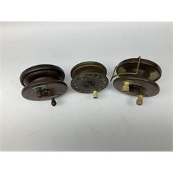 Three Allcocks & Co Ltd reels of brass and wood construction, the largest D4.5 inches