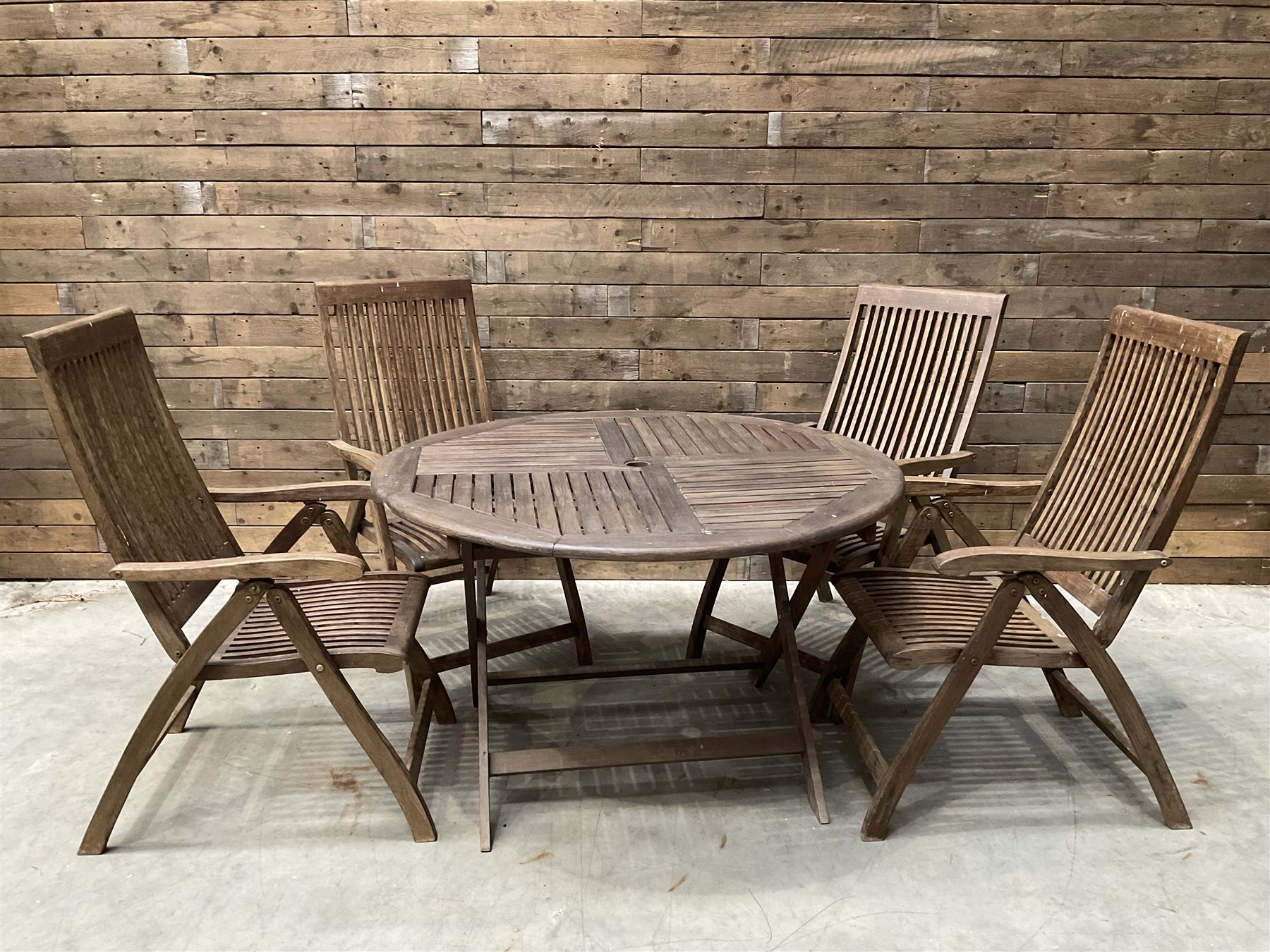 Garden teak table with set four high back reclining chairs