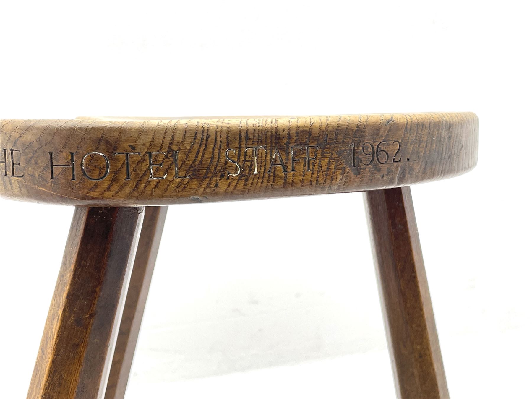 'Mouseman' early 1960s oak stool, dished kidney shaped seat inscribed on edge 