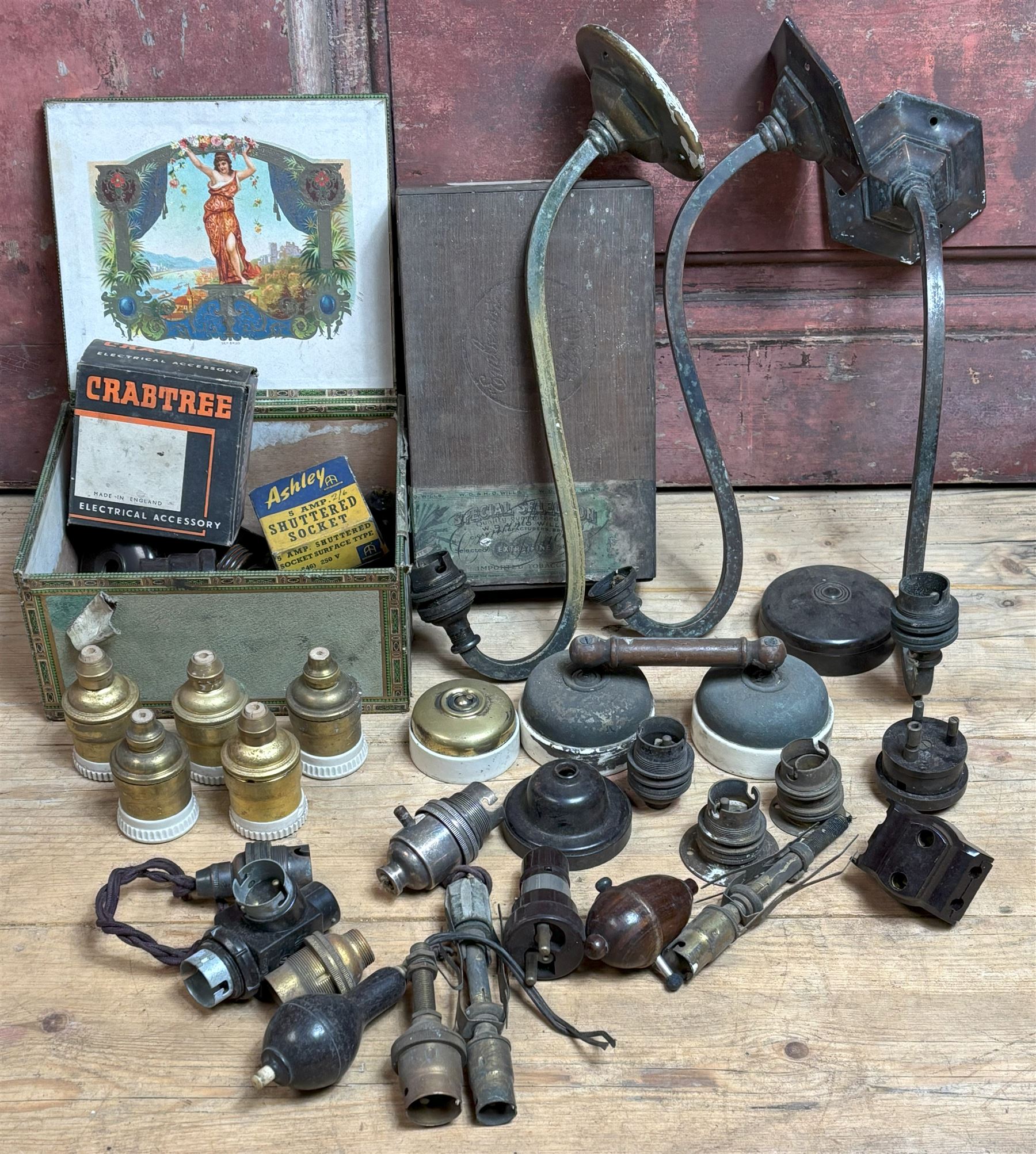 Group of antique and vintage electrical hardware, including a set of five brass and ceramic bulb holders, three early 20th century wall sconces, light switches etc.  - COLLECTION BY APPOINTMENT FROM: The White House, Thirsk Road, Easingwold, York, YO61 3NF - CALL 01723 507111 TO ARRANGE