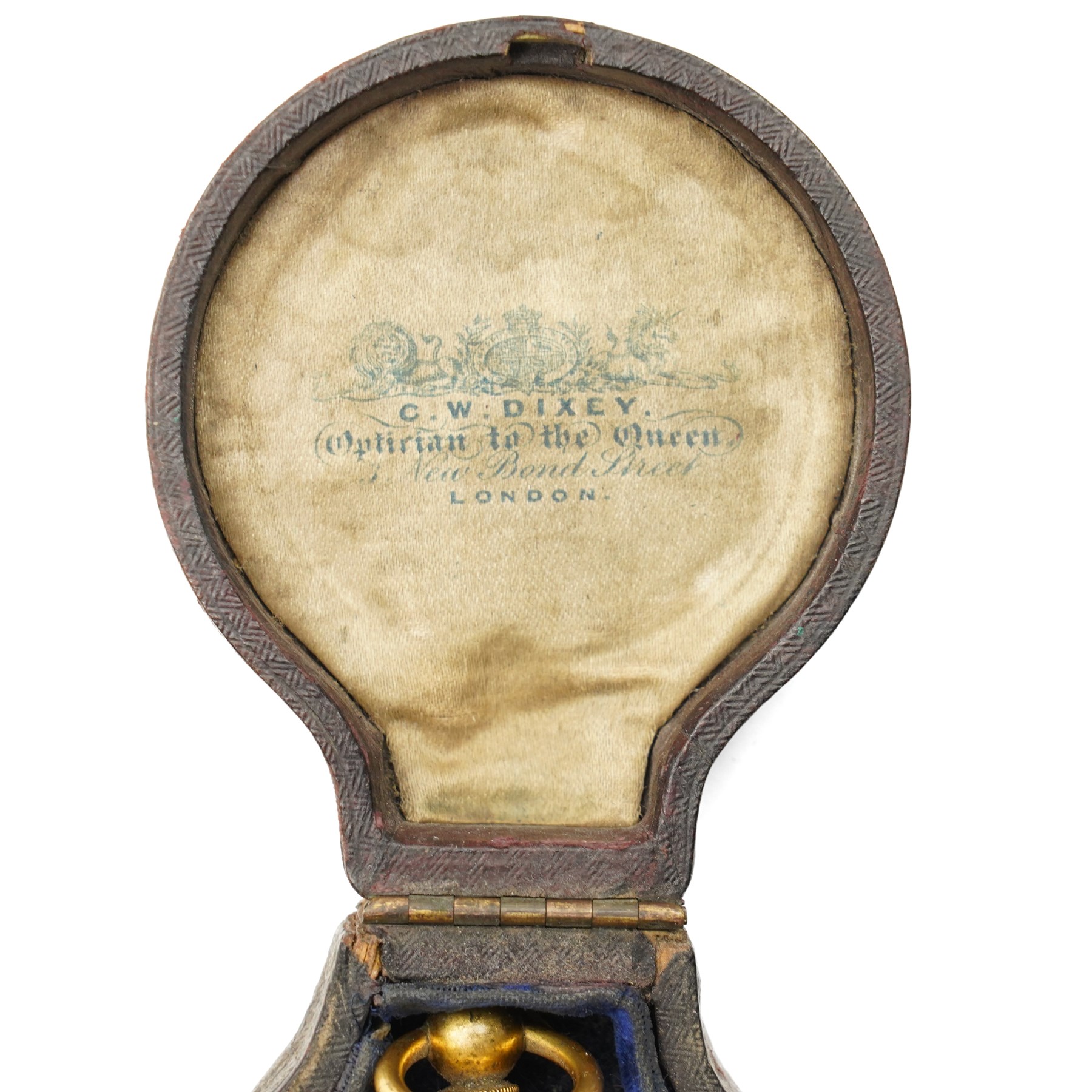 Victorian pocket barometer/altimeter by C.W. Dixey 'Optician to the Queen', brass with silvered dial, contained within a leather case