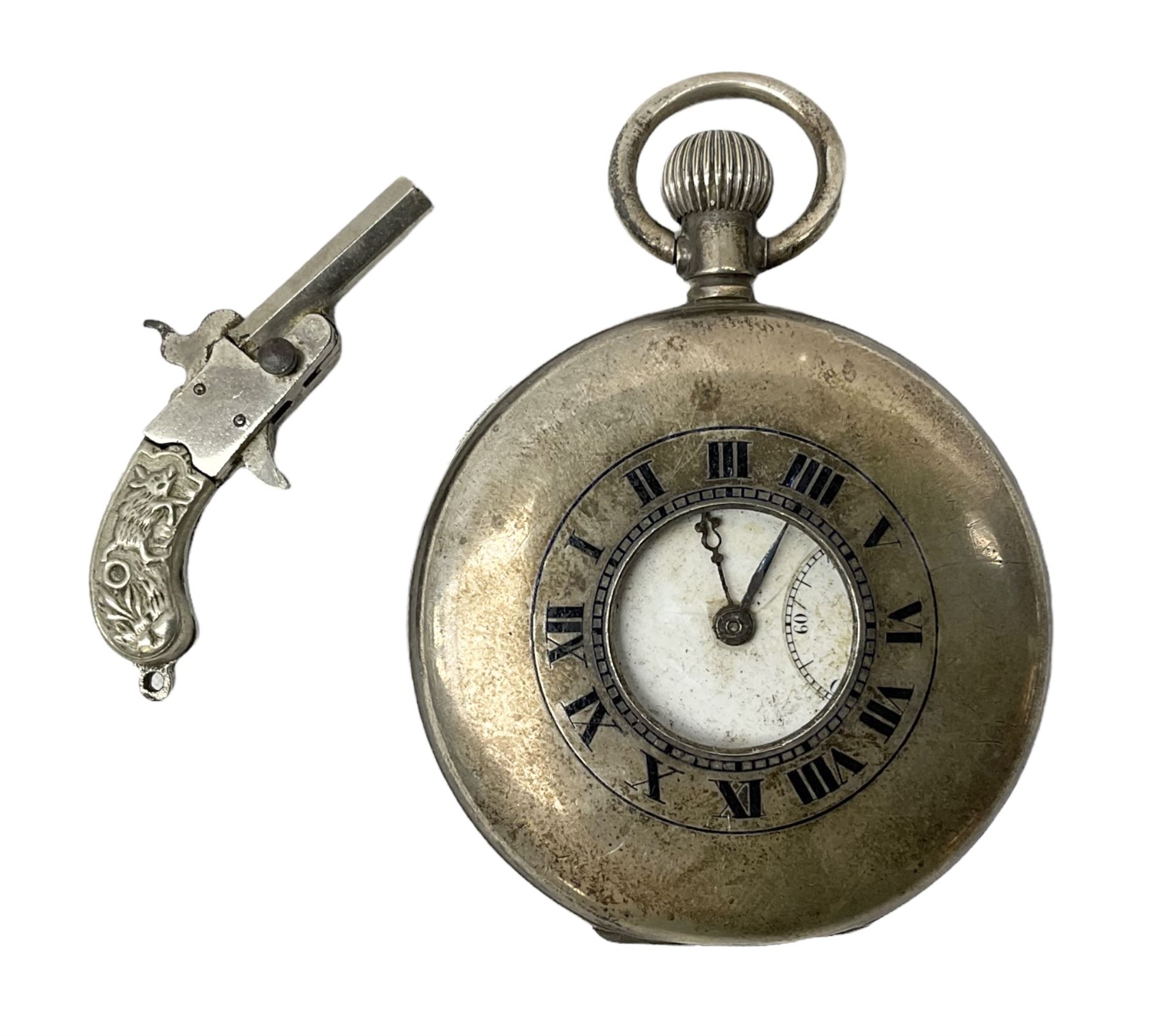 Miniature all nickel 2mm pin fire single shot pistol with engraved grip L4.5cm; together with a .925 silver half hunting cased keyless wind pocket watch inscribed 'Presented to Pte. P. Sizer By No.2 Company 1st Battalion Lincolnshire Regmt For Gallant Conduct Nr. Cork (Ireland) 31.7.20' (2)