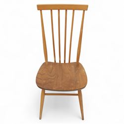 Ercol - Pair of high back Windsor kitchen chairs, elm seats with beech stick backs and legs, shaped saddle seats and turned stretchers