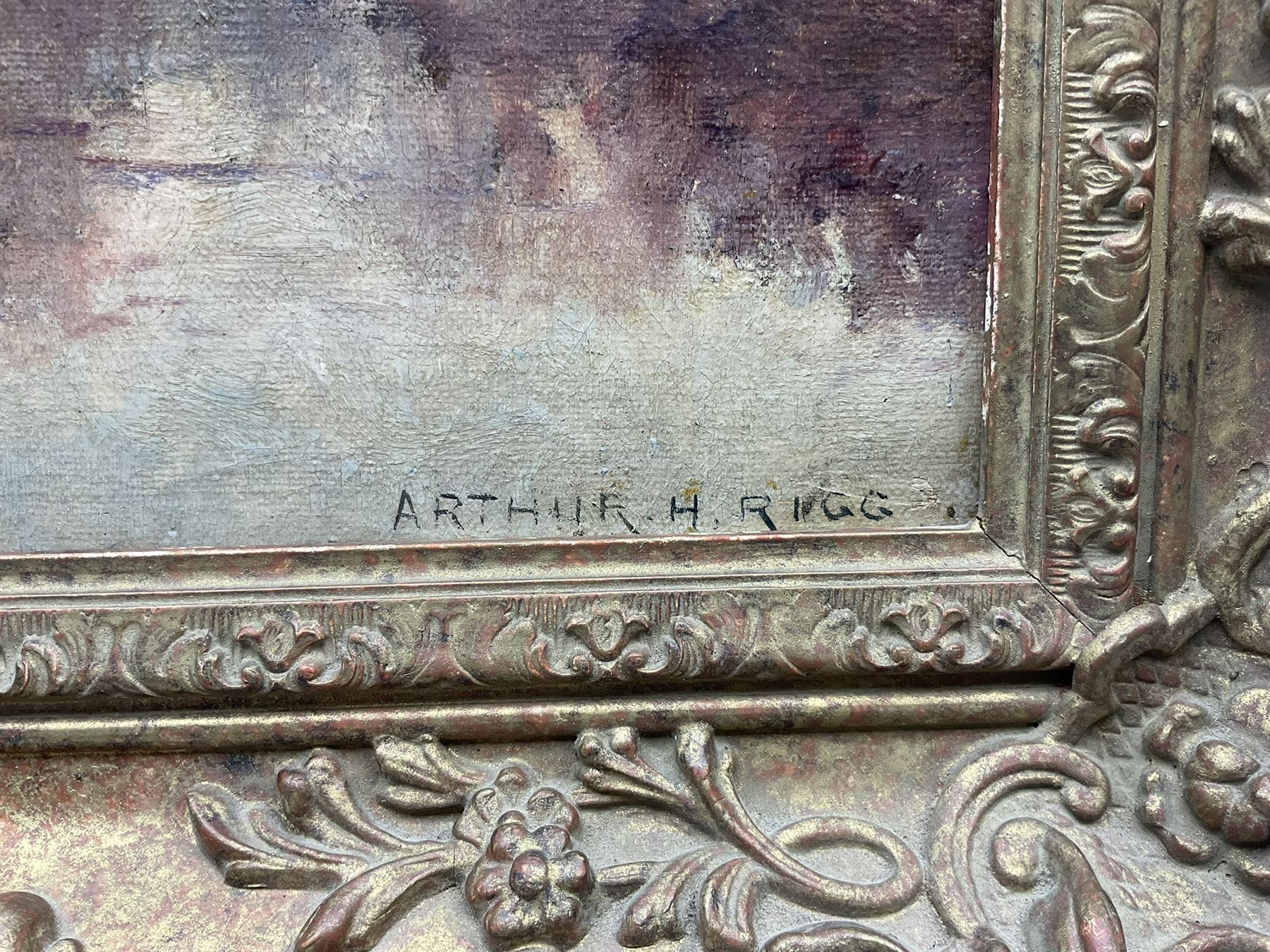 Arthur Herbert Rigg (British c.1859-1915): Autumn River Landscape, oil on canvas signed 29cm x 39cm 
Notes: Arthur was the eldest brother of Staithes Group member Ernest Higgins Rigg (1868-1947). The pair were two of six children of Mary Ann Higgins (1834-1910) and Matthew Christian Rigg (1831-1896), alongside Edith (1861-1900), John Albert (1864-1912), William Darnley (1866-1953), and Alfred Edward (1870-1919).