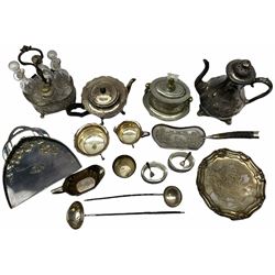 Two Georgian silver toddy ladles with baleen twist handles, (neither hallmarked), one with inset coin to bowl, together with a group of silver plate including cruet stand enclosing two glass bottles with stoppers, shaker and preserve pot with spoon, pair open salts with glass liners, etc. 