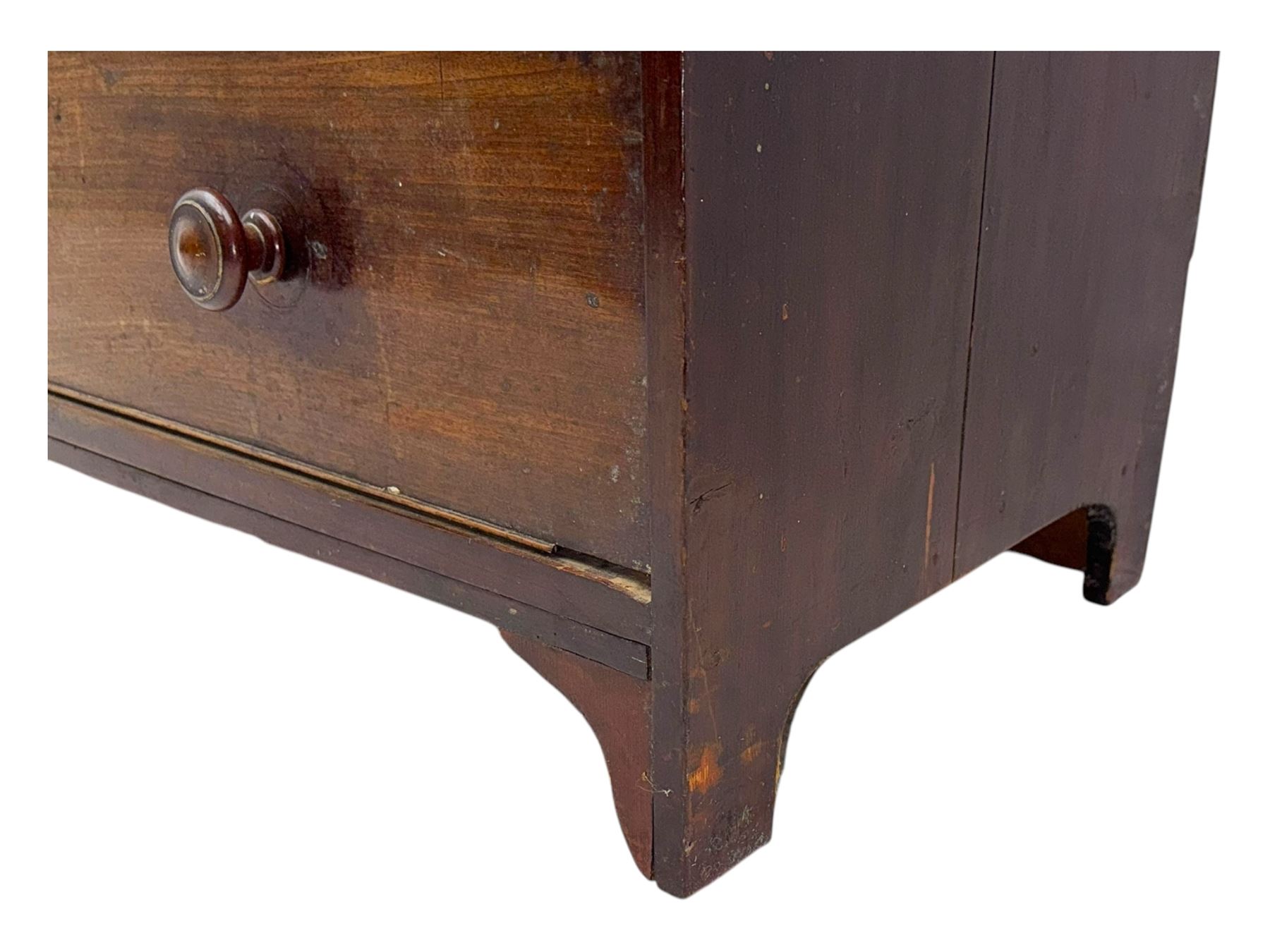 19th century mahogany chest, rectangular top with raised gallery back, fitted with two short and two long cockbeaded drawers, each with bone escutcheon, on shaped bracket feet