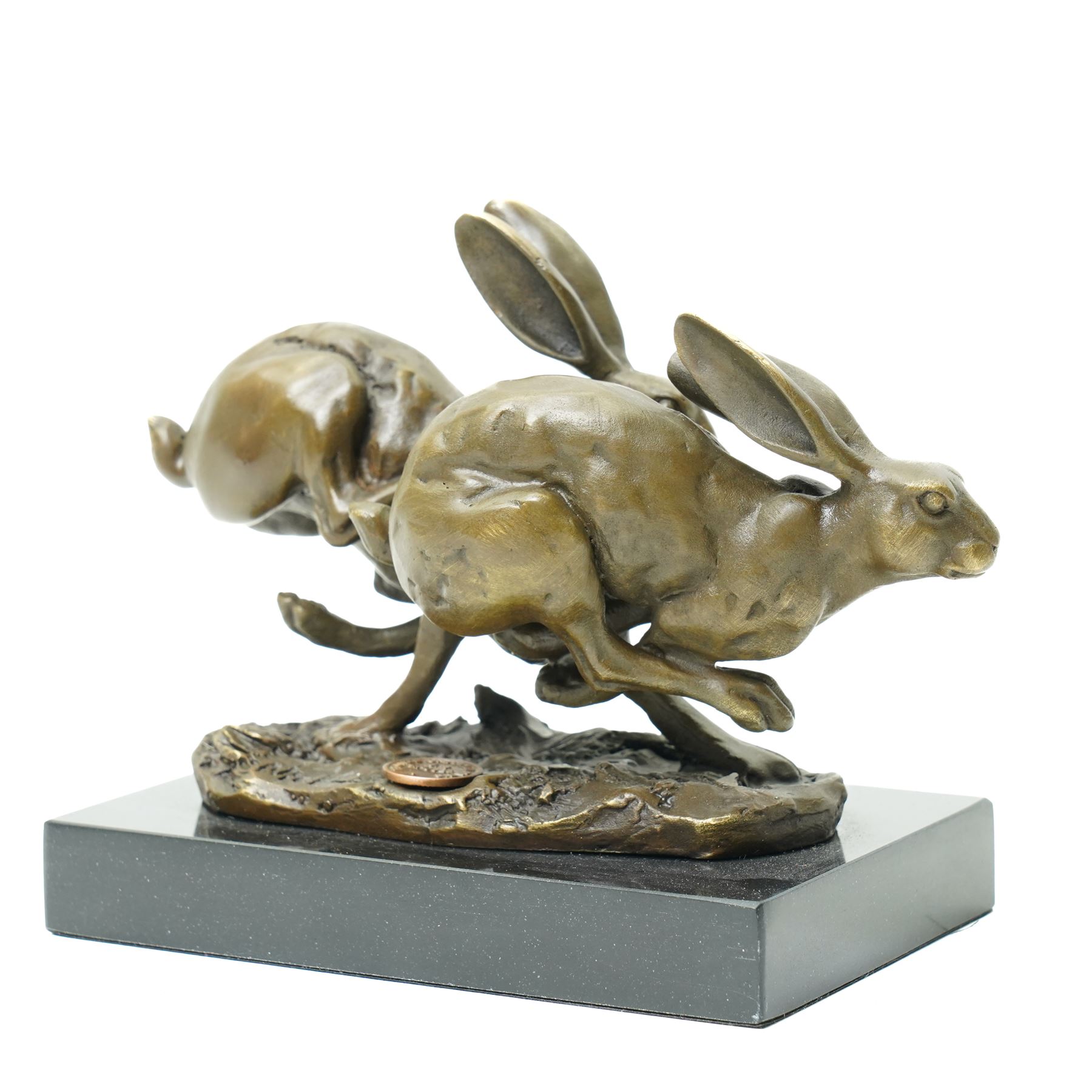 Bronze figure group, modelled as two hares in chase, after 'Nick', with foundry mark, upon a rectangular base, H11cm L15cm