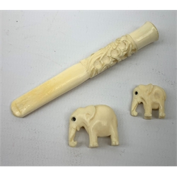 A Japanese ivory netsky modelled as a chick hatching from an egg, with marks beneath, together with a further netsky modelled as a seated chicken, also marked, a carved ivory cheroot holder, and two small carved ivory elephants, plus a Japanese stand modelled in the form of a crane, with character marks to base, a Japanese bamboo detailed teapot, cloisonne circular  pot, and an embroidered pouch and purse. 