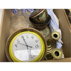 Set of metal weighing scales, pair of Chinese style ceramic table lamps, blue and white ceramics, oriental ceramics and a collection of other glassware, metal ware and collectables, in five boxes 