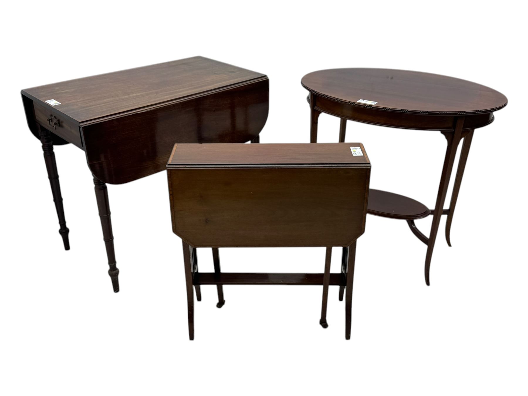 Early 20th century oval mahogany two tier occasional table (76cm x 51cm, H71cm); George III mahogany drop-leaf Pembroke table (48cm x 82cm, H71cm); Edwardian mahogany drop-leaf Sutherland table (W60cm)