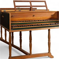 20th century “French style” Two manual Harpsichord by John Rooks of Tincknall (1971).
Double manual keyboards with three sets of strings: Two Unison, one octave and “buff” stop. Black outer casing with gold banding, five octave keyboards with 63 keys E1-G6, with black naturals and synthetic covered white sharps, inner lid painted with a rural scene, with adjustable music desk. Soundboard, bridges, strings and synthetic jacks in good condition with just one small crack to the treble area of the soundboard, key action with reasonable repetition and damping but in need of some regulation, case raised on turned baluster supports.

 You can find and listen to an example of Alan Cuckston playing this particular Harpsichord in the link below:
The King’s Hunt by John Bull

Given the intricate nature of these historic instruments, specialist support will be available if required, to assist successful buyers with safe removal and onward handling. Price upon application. 

