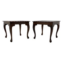 Pair of Pakistan carved hardwood brass inlaid lamp tables, square form, cabriole legs, inset glass tops
