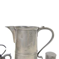 19th century Pewter tavern jug, with WR beneath a crown touch mark, together with pewter tankards and measures  
