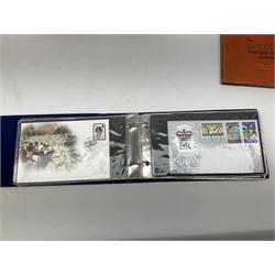 Great British and World stamps including a sterling silver hallmarked medallion housed in a commemorative cover for the Queen's Silver Jubilee 1977, various other commemorative covers relating to the Silver Jubilee including South Georgia, Cayman Islands, Montserrat, Pitcairn Islands, Mauritius, Swaziland etc, World stamps in a loose leaf album including Argentina, Austria, Belgium, Brazil, Denmark, France, Iraq etc, small red album of Queen Elizabeth II Coronation stamps and 'The Improved Postage Stamp Album' containing mixed World stamps