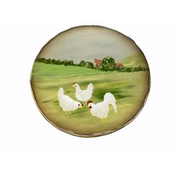 Eskdale Studio platter, of square form, hand painted with hare and pheasant, H35.5cm L35.5cm, together with four further Eskdale Studio platters, each of circular form, one example hand painted with fox and chickens, another with cows, and two with poppies, D35.5cm. (5).
