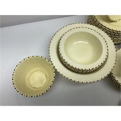 Art Deco Crown Ducal tea and dinner wares, reg no. 784158, comprising dinner plates, teacups, saucers, coffee cups, crescent shaped side plates, bowls, eggcups, etc, (93)