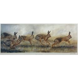 Robert E Fuller (British 1972-): 'Hares on the Run', large limited edition colour print signed titled and numbered 162/850 39cm x 95cm