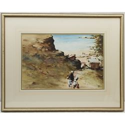Bernard McDonald (British 1944-): Children descending to a Rocky Cove, watercolour signed 35cm x 53cm