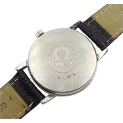 Omega gentleman's stainless steel manual wind wristwatch, calibre 1030, serial No. 44 527730, with date aperture, on black leather strap