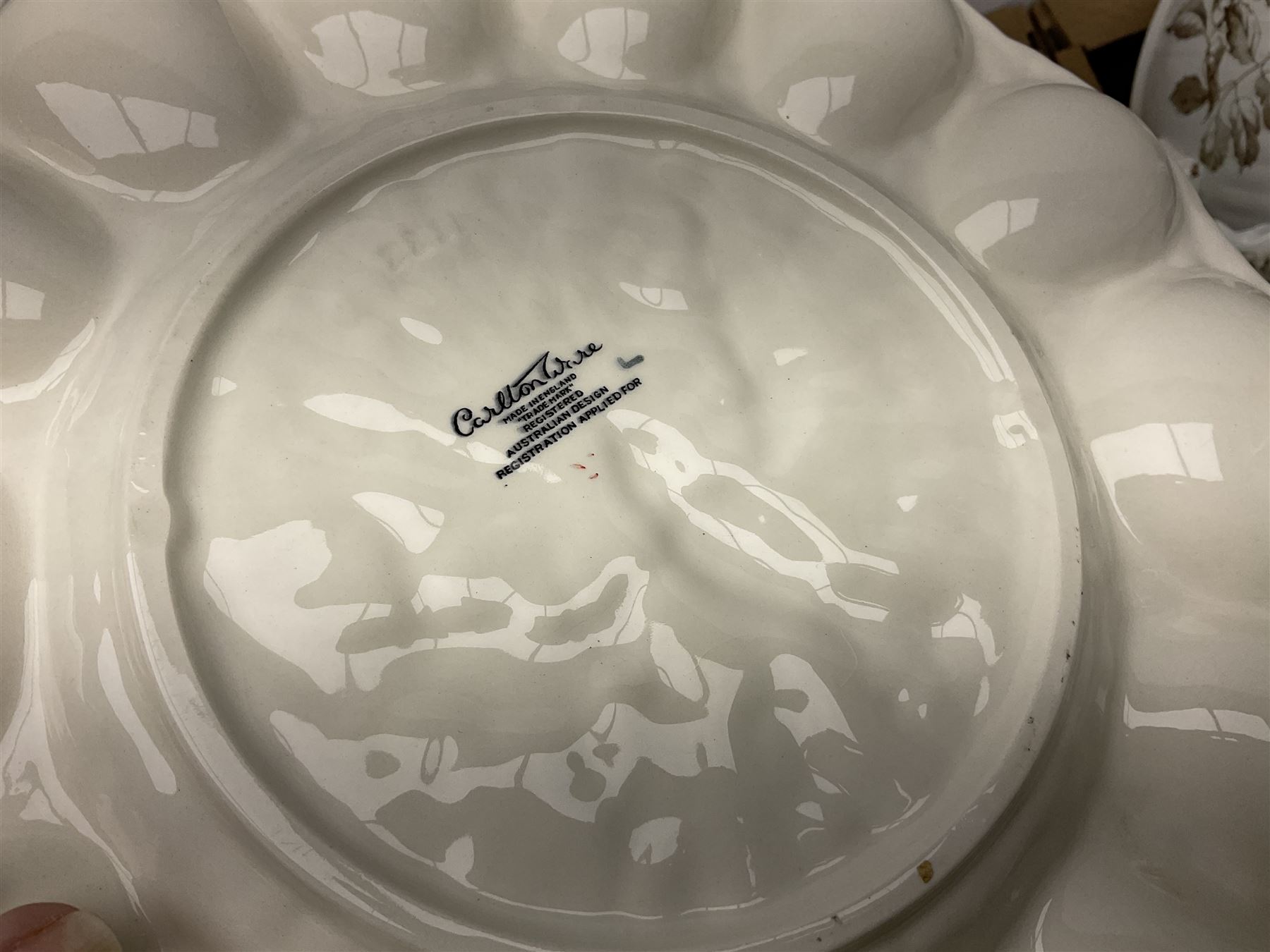 Burleigh Ware jug of baluster form modelled with fox and heron, cabbage dish, Carlton Ware lobster scallop dish, Royal Doulton The Hunting Man plate, Grimwades, other early 20th century ceramics and a Henry Alcock wash set to include jug and bowl, chamber pot etc