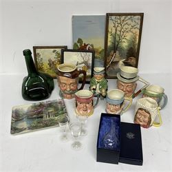 Dimpled green glass bottle, together with painted tiles, a collection of character jugs etc 